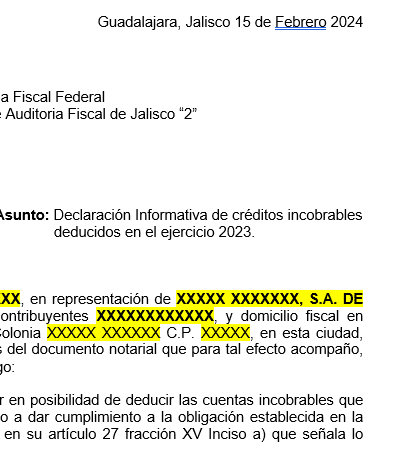 Escrito libre para informar al SAT sobre deducción de cuentas incobrables